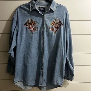 Vintage 80’s Denim Christmas Embroidered Long Sleeve Button Up Shirt Size Large